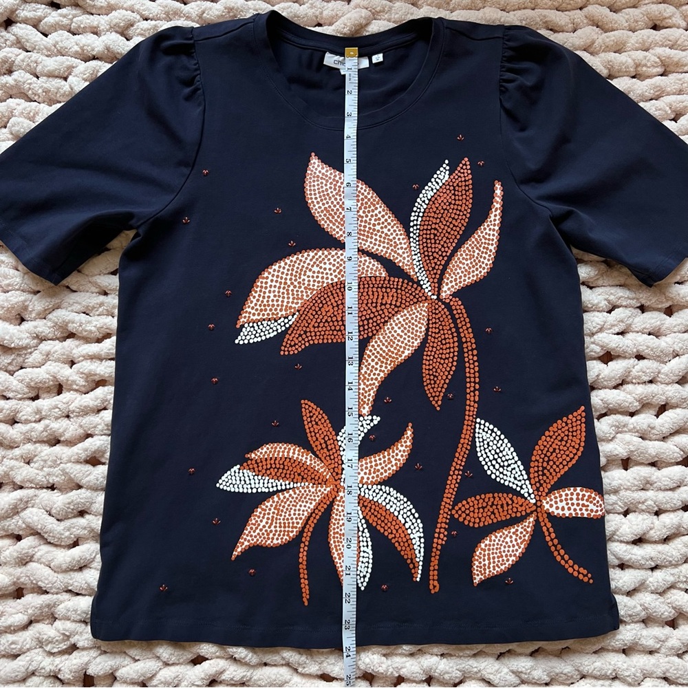 Chico’s Women’s Navy Blue Embellished Floral Dot Print Top – Size 1 (US Medium) - Picture 11 of 14